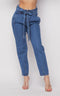 Belted Front Tie Denim Mom Jeans in Classic Denim